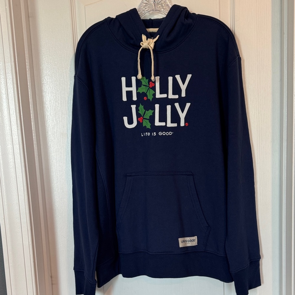 NWT Life Is Good Navy Blue 'Holly Jolly' Hoodie - size XL